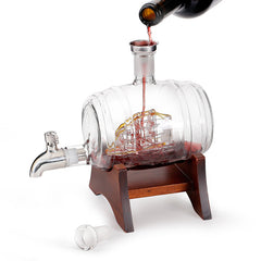 Wine barrel shaped glass bottle