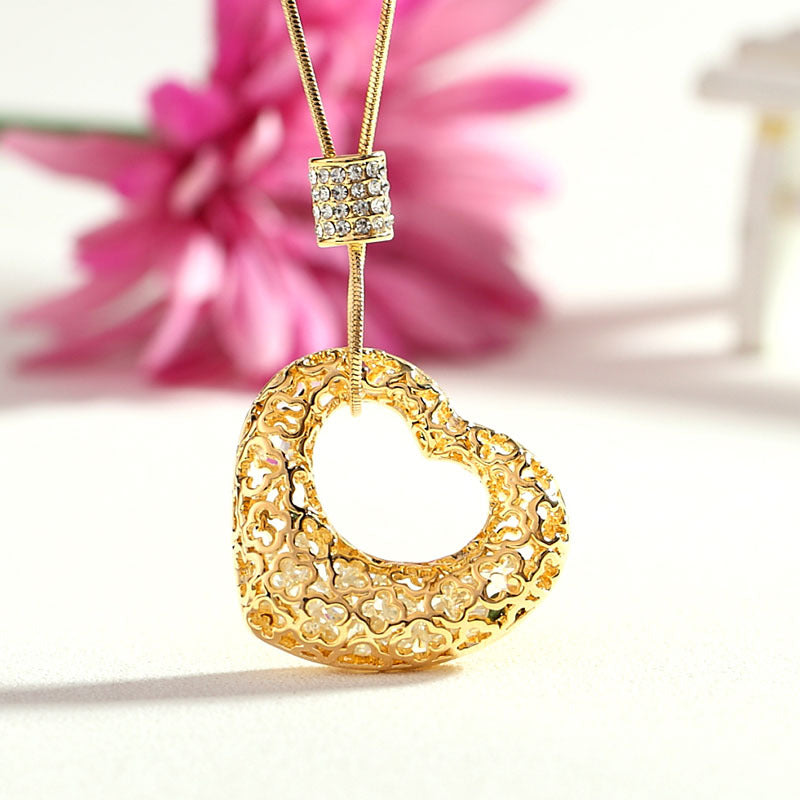 Heart-shaped Hollow Long Crystal Sweater Chain Pendant Jewelry