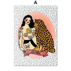 Leopard Girl Feminism Mermaid Vintage Wall Art Canvas Painting Decor