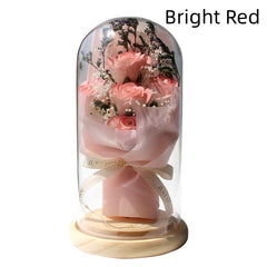 Artificial Rose Dried Flowers Gypsophila Babysbreath Bouquet Glass Cover Ornaments LED Small Night Lamp Valentine's Day Gift